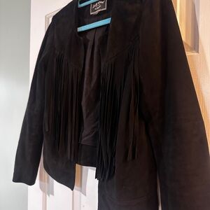 Lucky Brand Black Leather/Suede Fringe Jacket